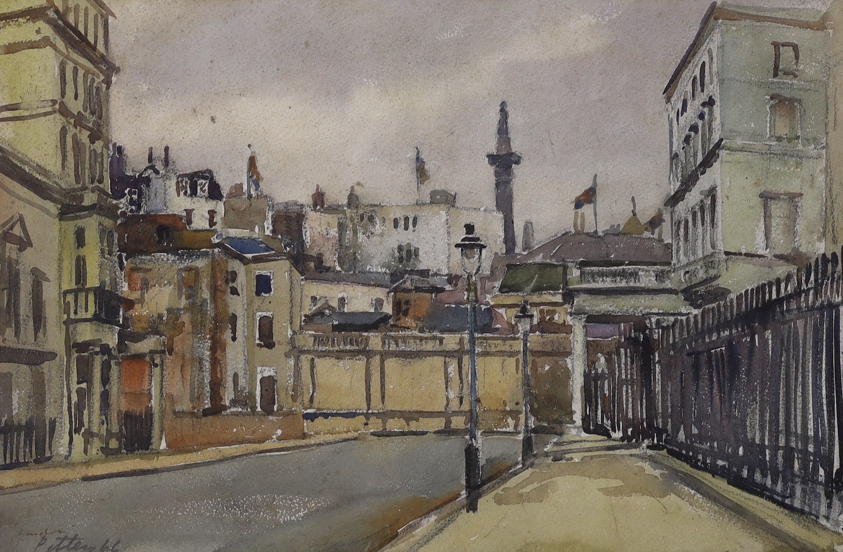Llewellyn Petley-Jones (1908-1986) watercolour, London street scene, near Trafalgar Square, signed and dated '66, 29 x 45cm